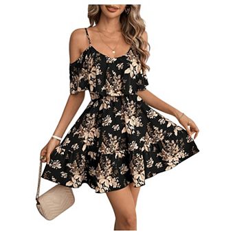 Women's Summer Floral Cold Shoulder Ruffle Boho Vacation Sundress