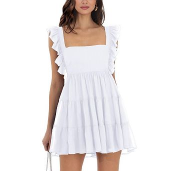 Women Square Neck Tie Ruffle Sleeve Tiered A Line Mini Casual Dress