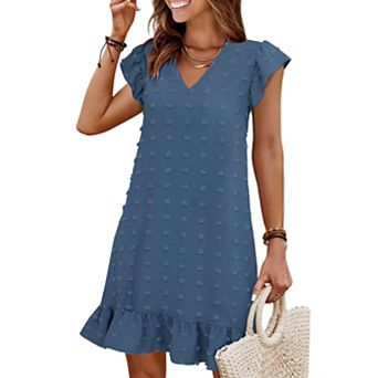 Women Summer Flutter Sleeve V Neck Shift Sundress Casual Beach Vacation Dress