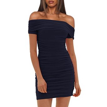 Women's Elegant Off Shoulder Mesh Ruched Bodycon Cocktail Party Mini Dress