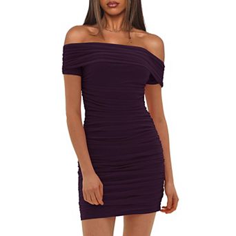 Women's Elegant Off Shoulder Mesh Ruched Bodycon Cocktail Party Mini Dress
