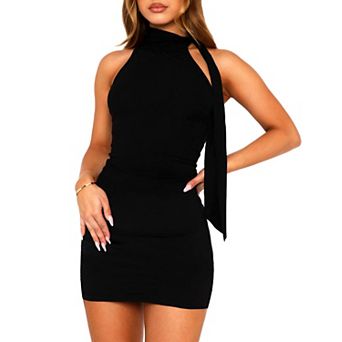 Women Halter Mock Neck Bodycon Mini Dress With Scarf For Party Going Out