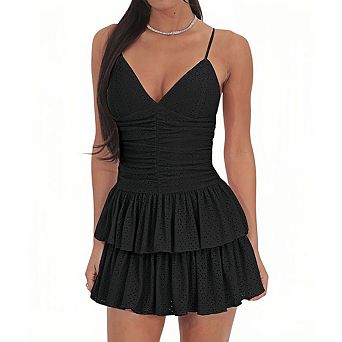 Women's Deep V Neck Spaghetti Strap Tiered Ruffle Hem Mini Summer Dress