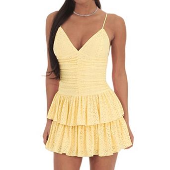 Women's Deep V Neck Spaghetti Strap Tiered Ruffle Hem Mini Summer Dress