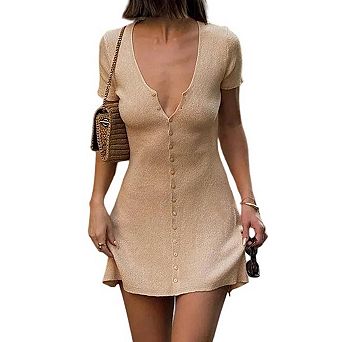 Women Deep V Neck Button Front Knit Mini Dress Short Sleeve A Line