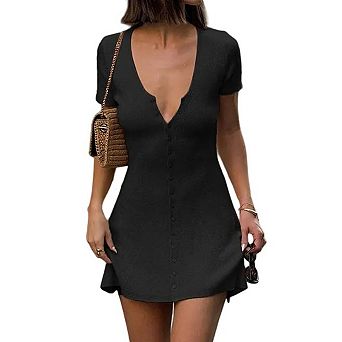 Women Deep V Neck Button Front Knit Mini Dress Short Sleeve A Line