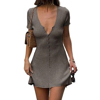 Women Deep V Neck Button Front Knit Mini Dress Short Sleeve A Line