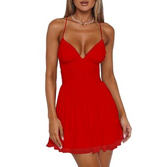 Womens V Neck Sleeveless Ruched Ruffle Hem Mini Party Dress