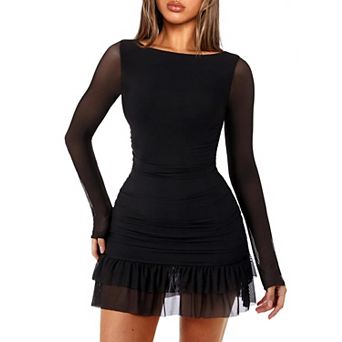 Women Boat Neck Long Sleeve Bodycon Mini Dress Ruffle Mesh Cocktail Party Outfit