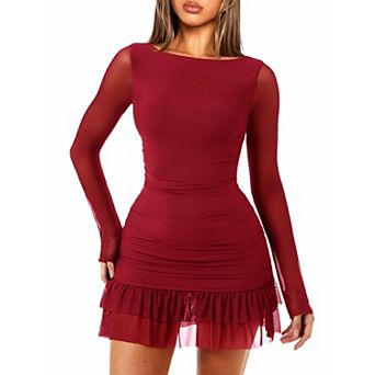 Women Boat Neck Long Sleeve Bodycon Mini Dress Ruffle Mesh Cocktail Party Outfit