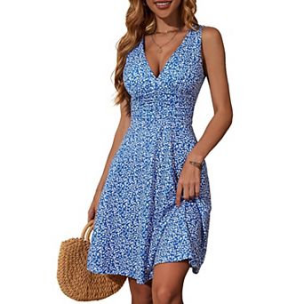 Women's Sleeveless Deep V Neck Ruched Waist Pocket Flowy Summer Dress