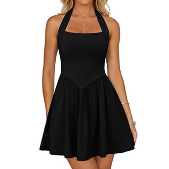 Women Halter Sleeveless Square Neck Mini Homecoming Cocktail Dress With Pockets