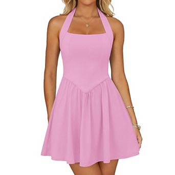 Women Halter Sleeveless Square Neck Mini Homecoming Cocktail Dress With Pockets