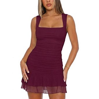 Womens Square Neck Ruched Mesh Bodycon Mini Dress Tiered Ruffle Hem Cocktail Party Dress