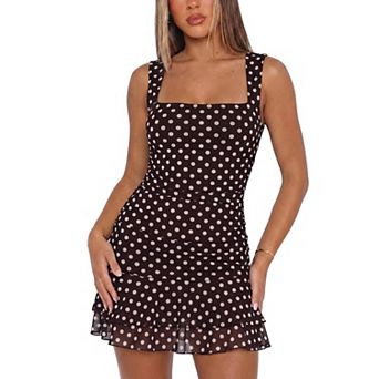 Womens Square Neck Ruched Mesh Bodycon Mini Dress Tiered Ruffle Hem Cocktail Party Dress