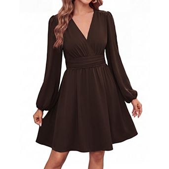Womens V Neck Long Sleeve Mini Dress Empire Waist Pockets Cocktail Party Dress