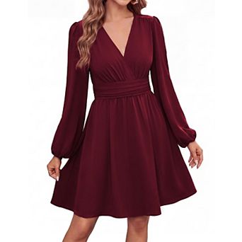 Womens V Neck Long Sleeve Mini Dress Empire Waist Pockets Cocktail Party Dress