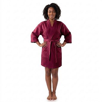 Womens Waffle Kimono Bathrobe Lightweight Soft Cotton Blend Fast Drying