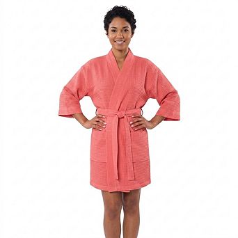Womens Waffle Kimono Bathrobe Lightweight Soft Cotton Blend Fast Drying