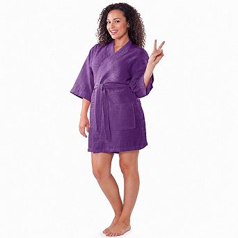 Womens Waffle Kimono Bathrobe Lightweight Soft Cotton Blend Fast Drying