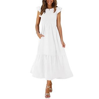 Women's Casual Smocked Maxi Dress Ruffle Sleeve Pockets Tiered Flowy
