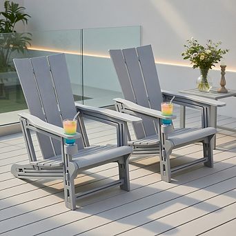 Set of 2﻿ Outdoor Adirondack Chairs with Cup Holder-Gray
