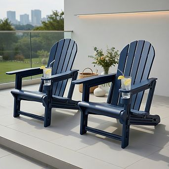 Set of 2 HDPE Adirondack Chair with Cup Holder and Wooden Texture for Patio-Blue