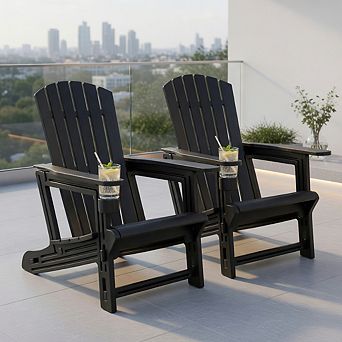Set of 2 HDPE Adirondack Chair with Cup Holder and Wood-Like Texture for Garden