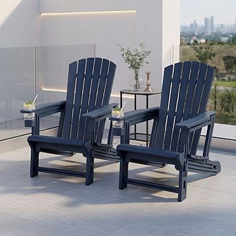Set of 2 HDPE Adirondack Chair with Cup Holder and Wood-Like Texture for Garden