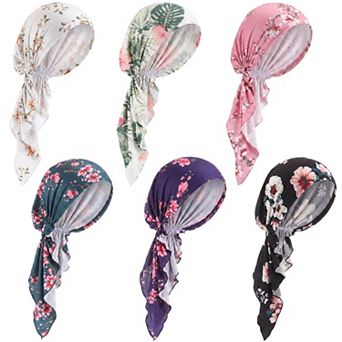 Women Pre Tied Head Scarf Beanie Turban Hat Lightweight Stretch Ruffle Print Cover Cap 6 Pack