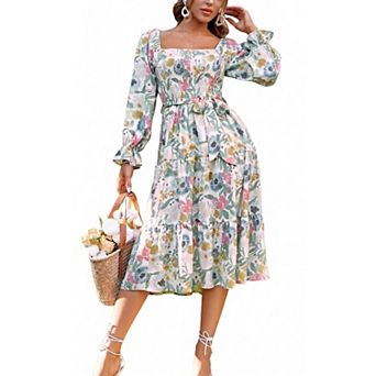 Women's Square Neck Long Sleeve Printed Dress With Waist Tie