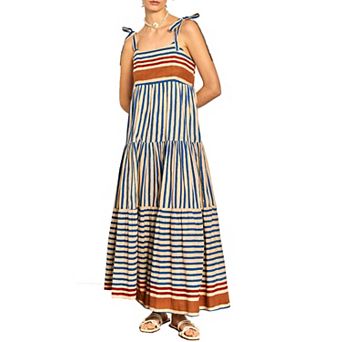 Women's Printed Colorblock Adjustable Tie Strap Midi Dress