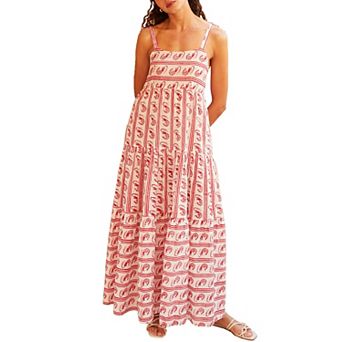 Women's Printed Colorblock Adjustable Tie Strap Midi Dress