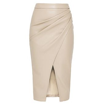 Women's High Waist Zip Up Pencil Midi Leather Skirt