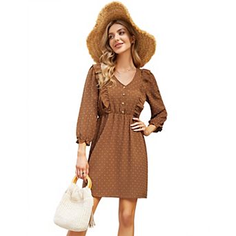 Women's V Neck 3/4 Sleeve Mini Dress with Decorative Buttons High Waist Dress