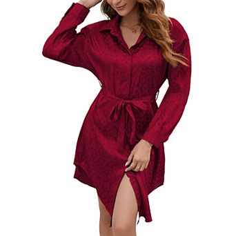 Women's Long Sleeve Shirt Dress Button Down Belted Midi Dresses