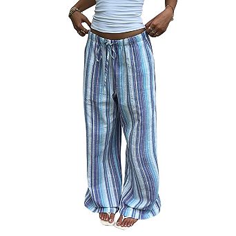 Women Striped Drawstring Elastic Waist Flared Leg Casual Beach Long Pants