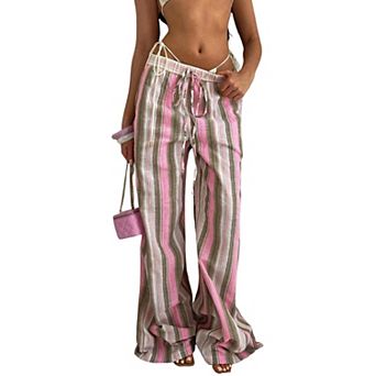 Women Striped Drawstring Elastic Waist Flared Leg Casual Beach Long Pants
