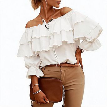 Women Off Shoulder Double Ruffle Tie Front Short Sleeve Solid Casual Blouse Top