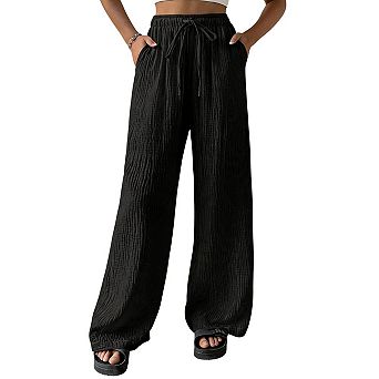 Women Elastic High Waist Drawstring Textured Wide Leg Casual Long Pants