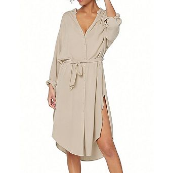 Long Sleeve Shirt Dress with Waist Tie Slit Hem Midi Casual Tunic Dress