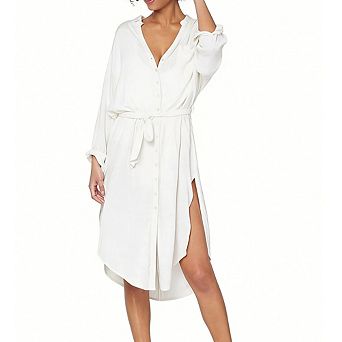 Long Sleeve Shirt Dress with Waist Tie Slit Hem Midi Casual Tunic Dress