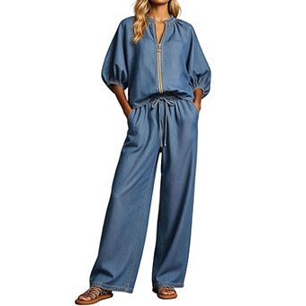 Women 2 pc Outfits Puff Sleeve Top and High Elastic Waist Drawstring Wide Leg Pants Set