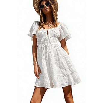 Women's Square Neck Short Sleeve Drawstring Front Dress