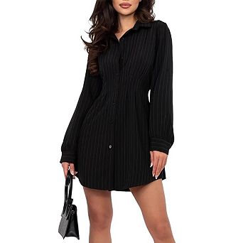 Women's Striped Collared Button Front Long Sleeve Shirt Dress