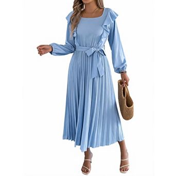 Women's Square Neck Long Sleeve Belted Waist Dress