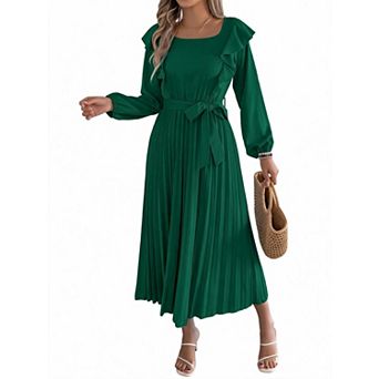 Women's Square Neck Long Sleeve Belted Waist Dress