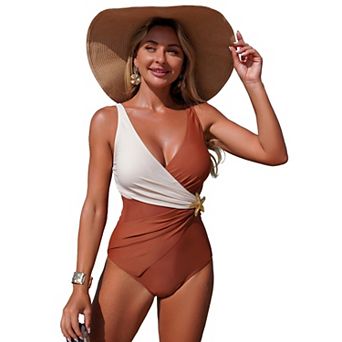 Women's V Neck Sleeveless Colorblock One Piece Swimsuit