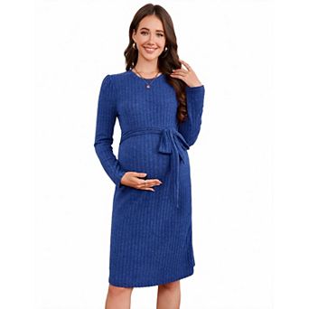 Women's Maternity Crew Neck Long Sleeve Belted Knit Dress