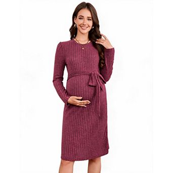 Women's Maternity Crew Neck Long Sleeve Belted Knit Dress